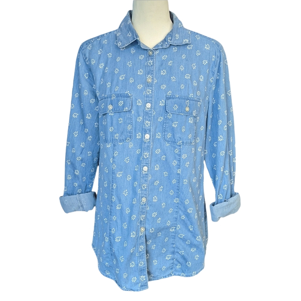 Ann Taylor LOFT Denim Floral Button Up Top